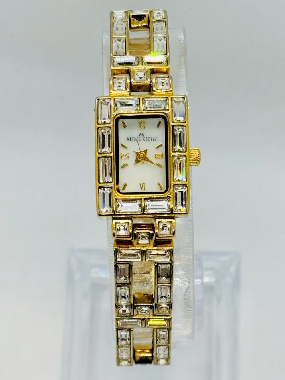 Anne Klein Women Quartz Watch Gold Tone 15mm Crystal Rectangle New Battery Runs